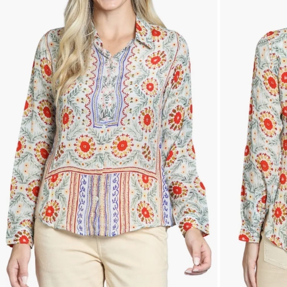 AP.NY Floral Print Roll Tab Sleeve Button-Up Shirt Sz L
